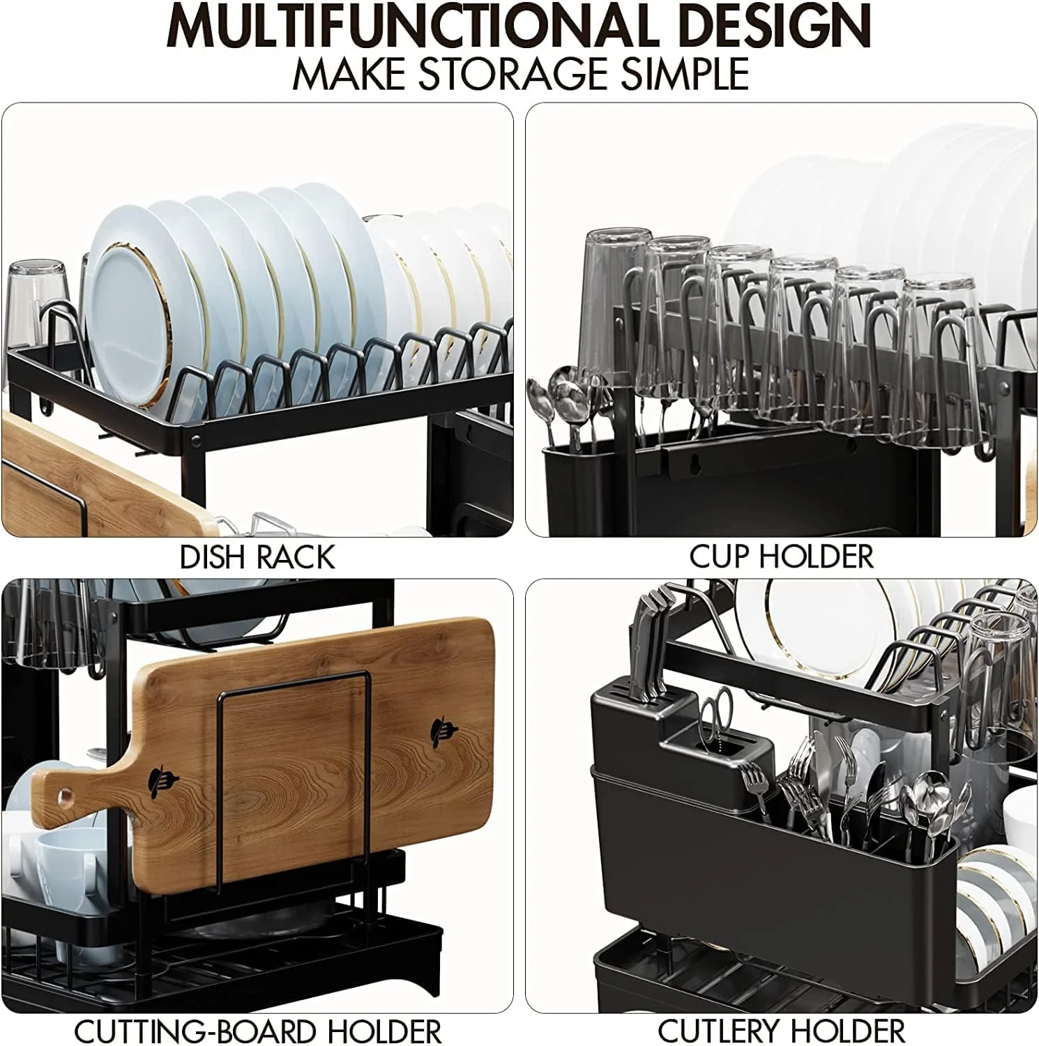 2-Tier Dish Drying Rack with Drainage Tray, Utensil Holder, Cup Hooks & Cutting Board Slot for Countertop Kitchen Storage (Black) - Image 3