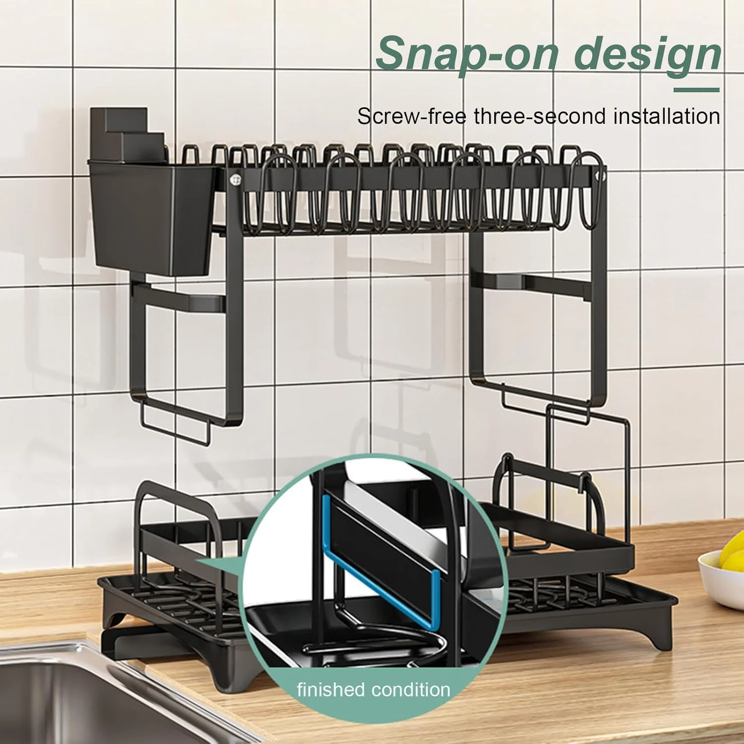 2-Tier Dish Drying Rack with Drainage Tray, Utensil Holder, Cup Hooks & Cutting Board Slot for Countertop Kitchen Storage (Black) - Image 5
