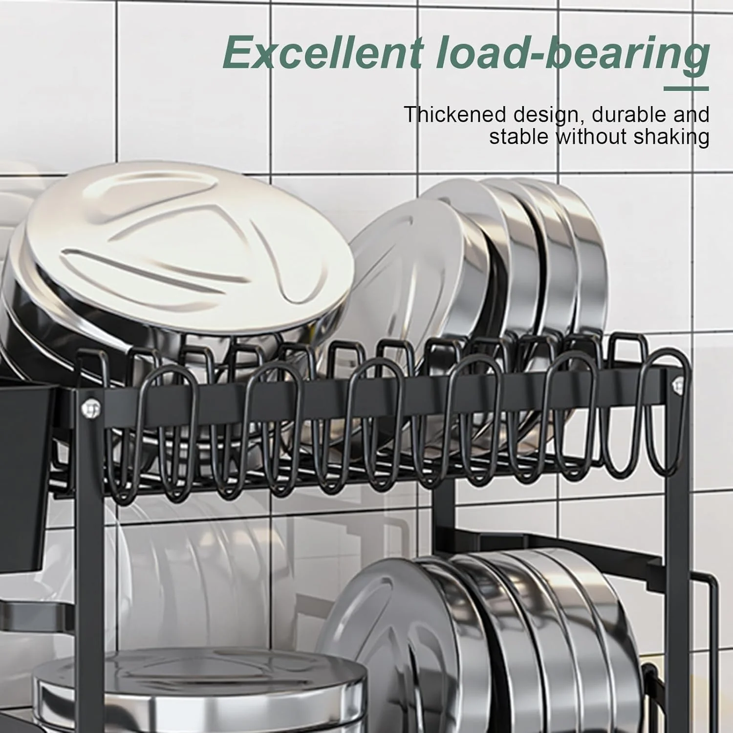 2-Tier Dish Drying Rack with Drainage Tray, Utensil Holder, Cup Hooks & Cutting Board Slot for Countertop Kitchen Storage (Black) - Image 7