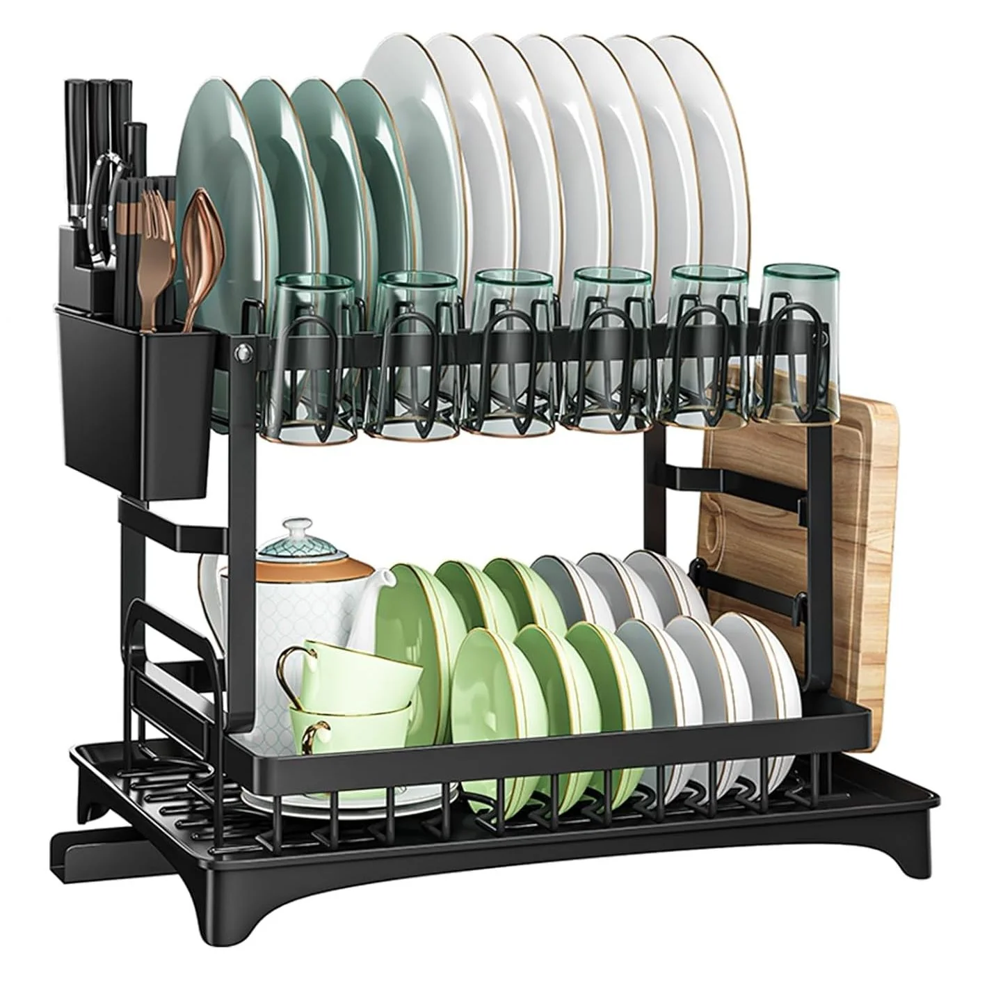 2-Tier Dish Drying Rack with Drainage Tray, Utensil Holder, Cup Hooks & Cutting Board Slot for Countertop Kitchen Storage (Black) - Image 9