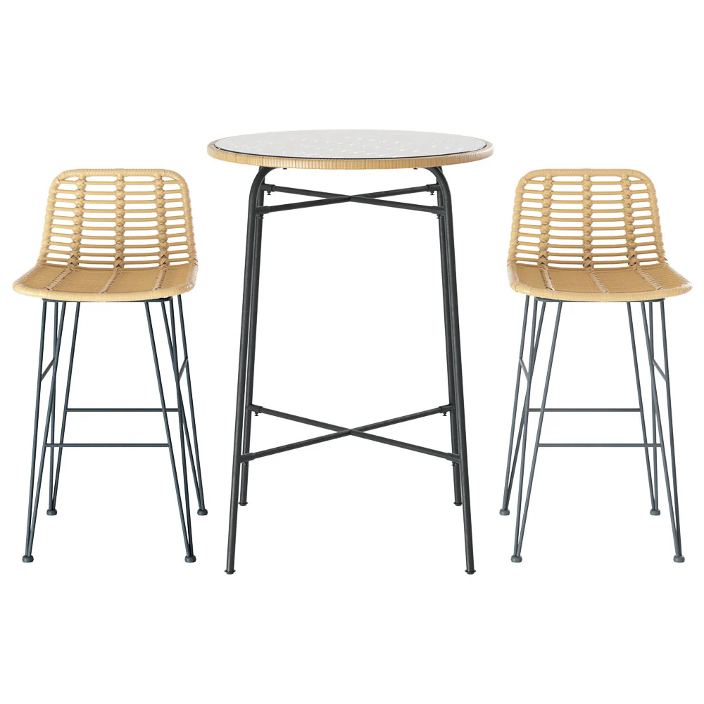 3 PCS Outdoor Bar Set Wicker Dining Bistro Patio Table Chairs Set Steel - Image 3