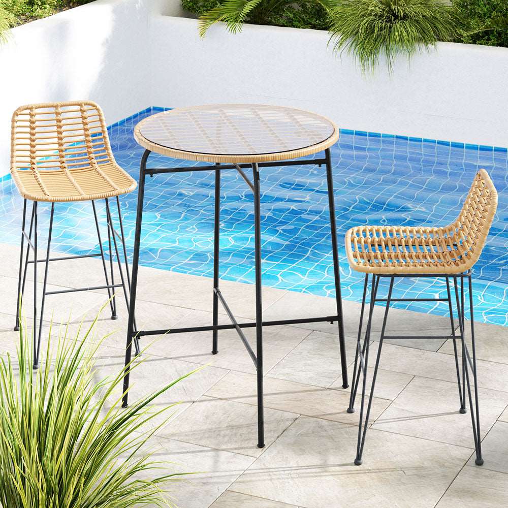 3 PCS Outdoor Bar Set Wicker Dining Bistro Patio Table Chairs Set Steel - Image 7