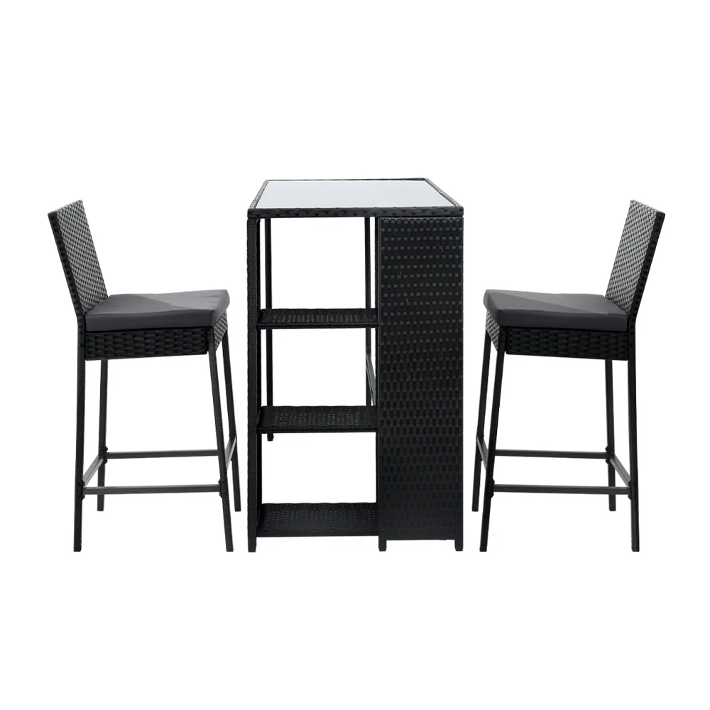 3 Piece Outdoor Wicker Bar Table & Stools Set Black - Image 3