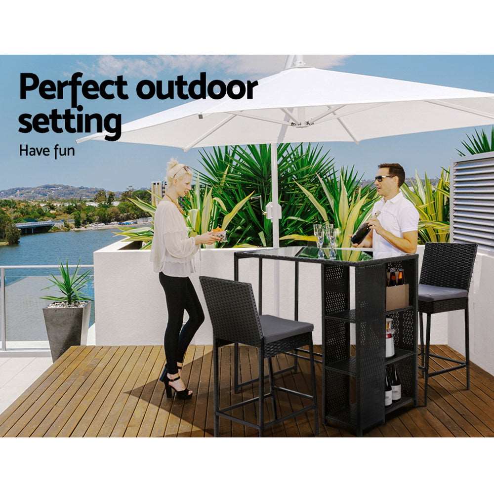 3 Piece Outdoor Wicker Bar Table & Stools Set Black - Image 4