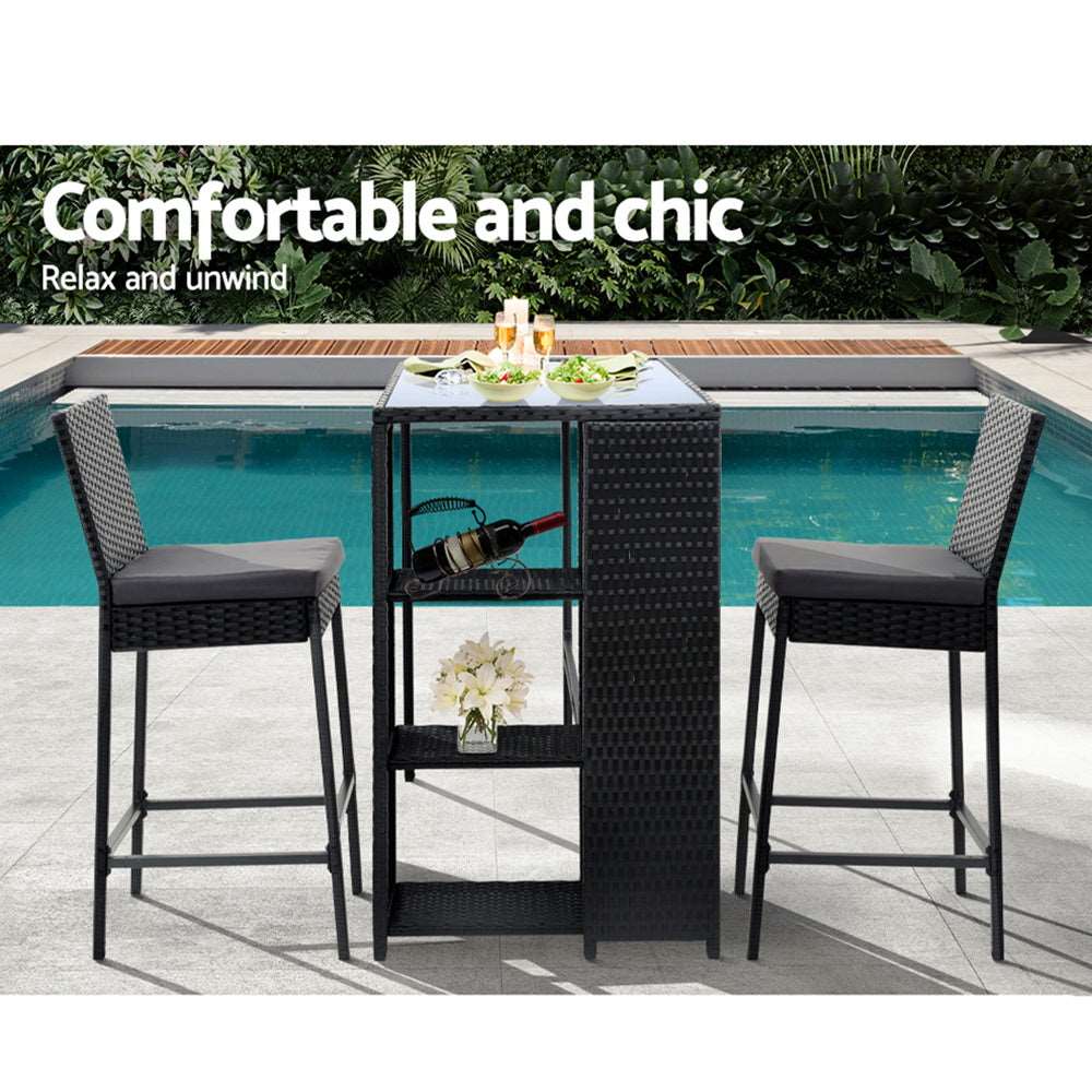 3 Piece Outdoor Wicker Bar Table & Stools Set Black - Image 5