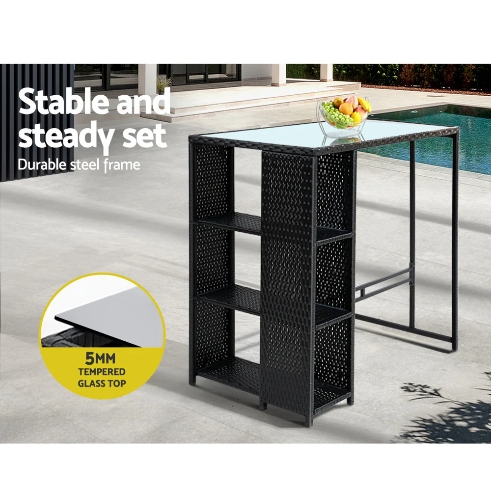 3 Piece Outdoor Wicker Bar Table & Stools Set Black - Image 6