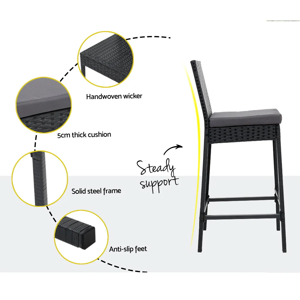 3 Piece Outdoor Wicker Bar Table & Stools Set Black - Image 7