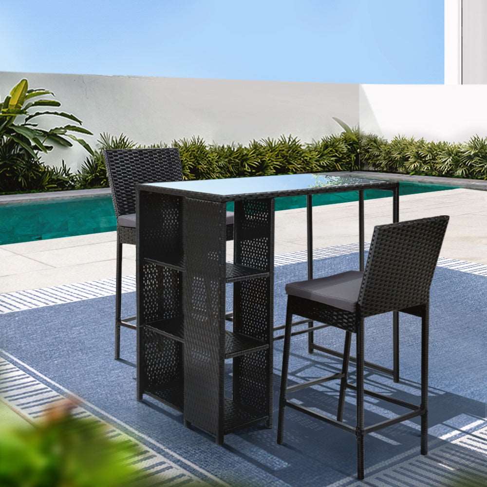3 Piece Outdoor Wicker Bar Table & Stools Set Black - Image 8