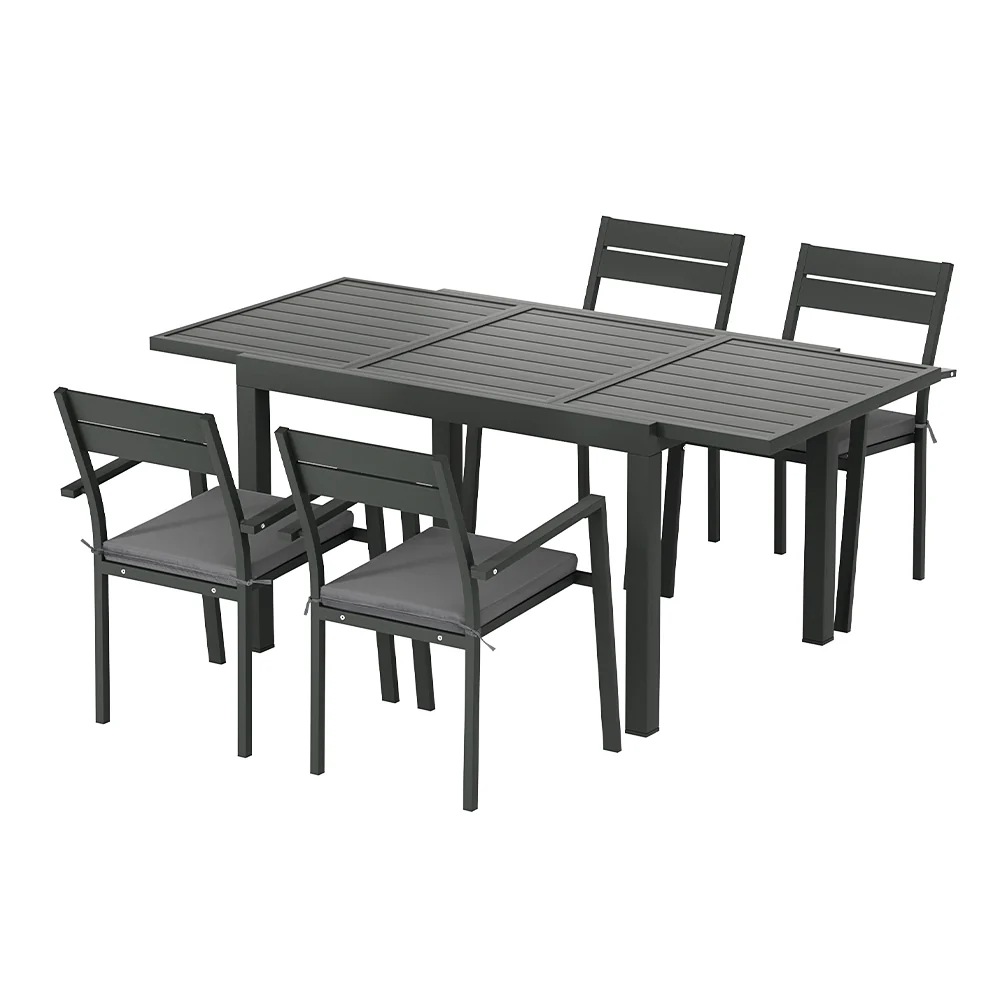 5 Piece Aluminium Outdoor Dining Set With Extension Table Black with Grey Cushions - Image 4