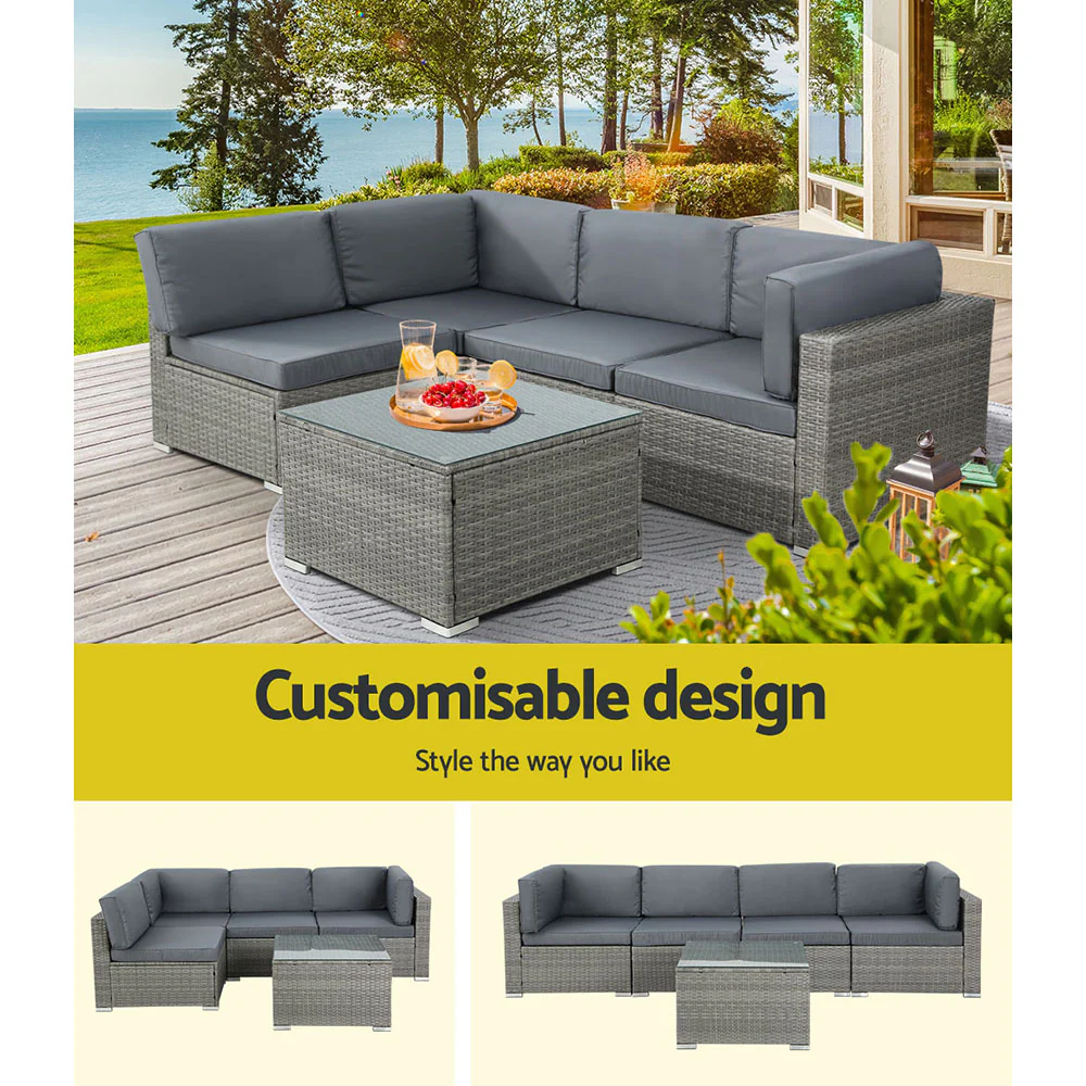 5-Piece Outdoor Sofa Set Wicker Couch Lounge Setting 4 Seater Grey - Image 5