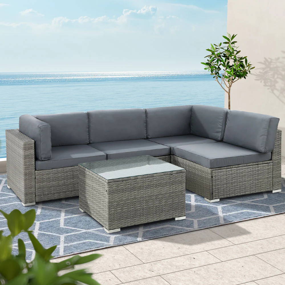 5-Piece Outdoor Sofa Set Wicker Couch Lounge Setting 4 Seater Grey - Image 8