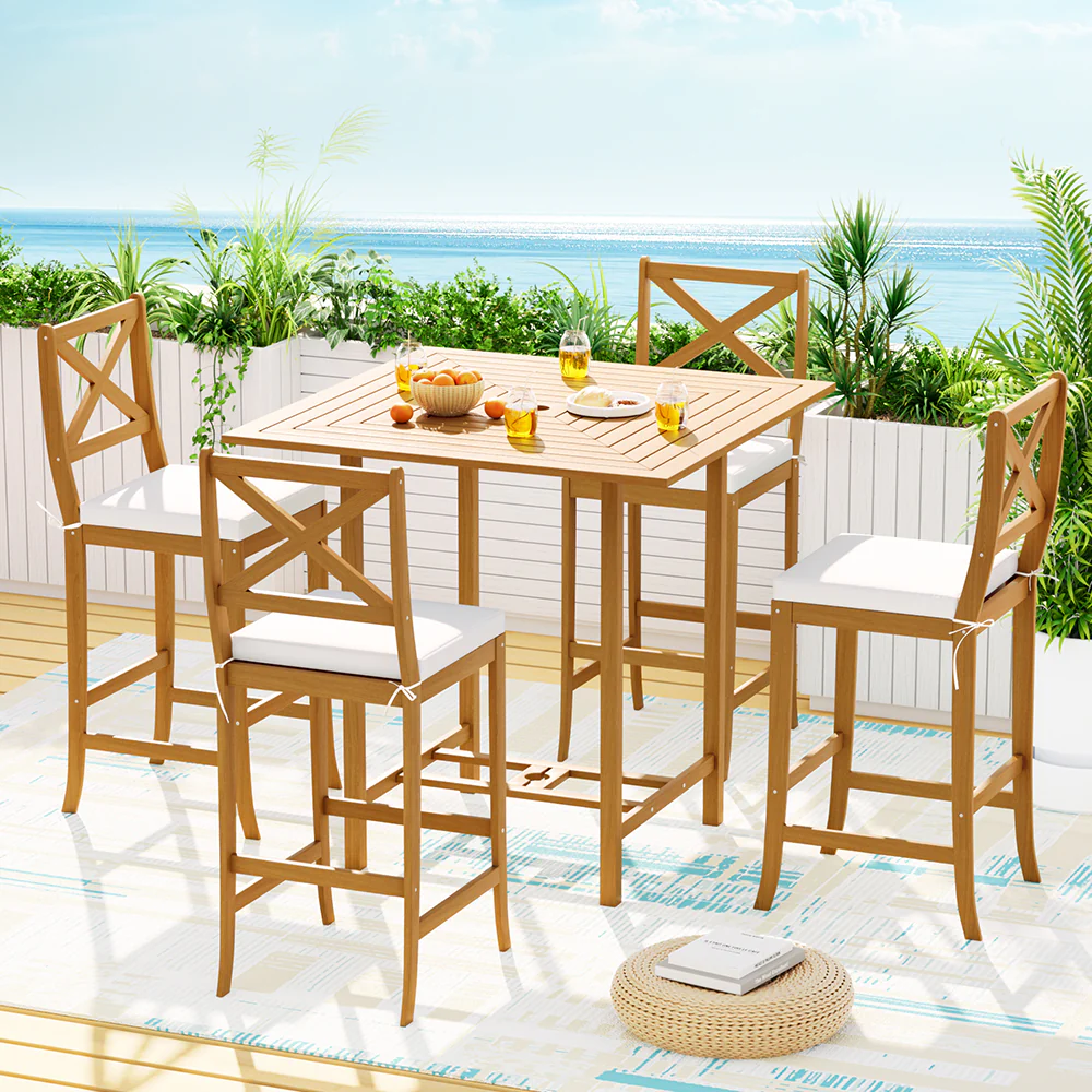 5pcs Outdoor Bar Table 4 Seater Stools Bistro Set Patio Acacia Wood - Image 4