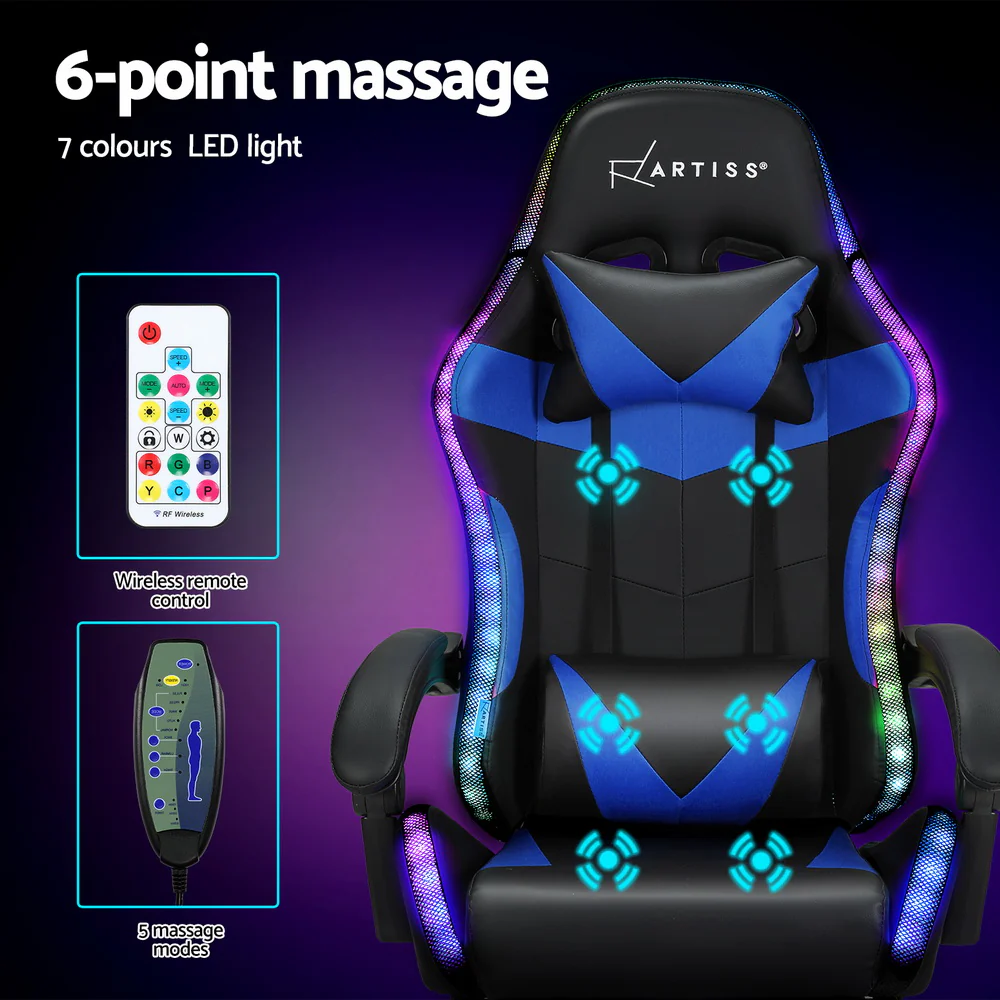 6 Point Massage Gaming Office Chair 7 LED Footrest Blue - Image 4