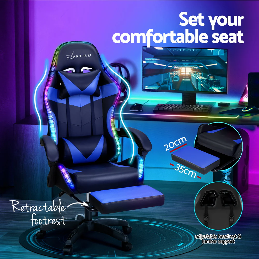 6 Point Massage Gaming Office Chair 7 LED Footrest Blue - Image 5