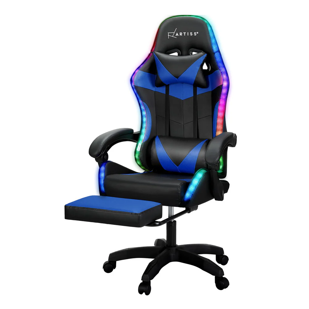 6 Point Massage Gaming Office Chair 7 LED Footrest Blue - Image 7