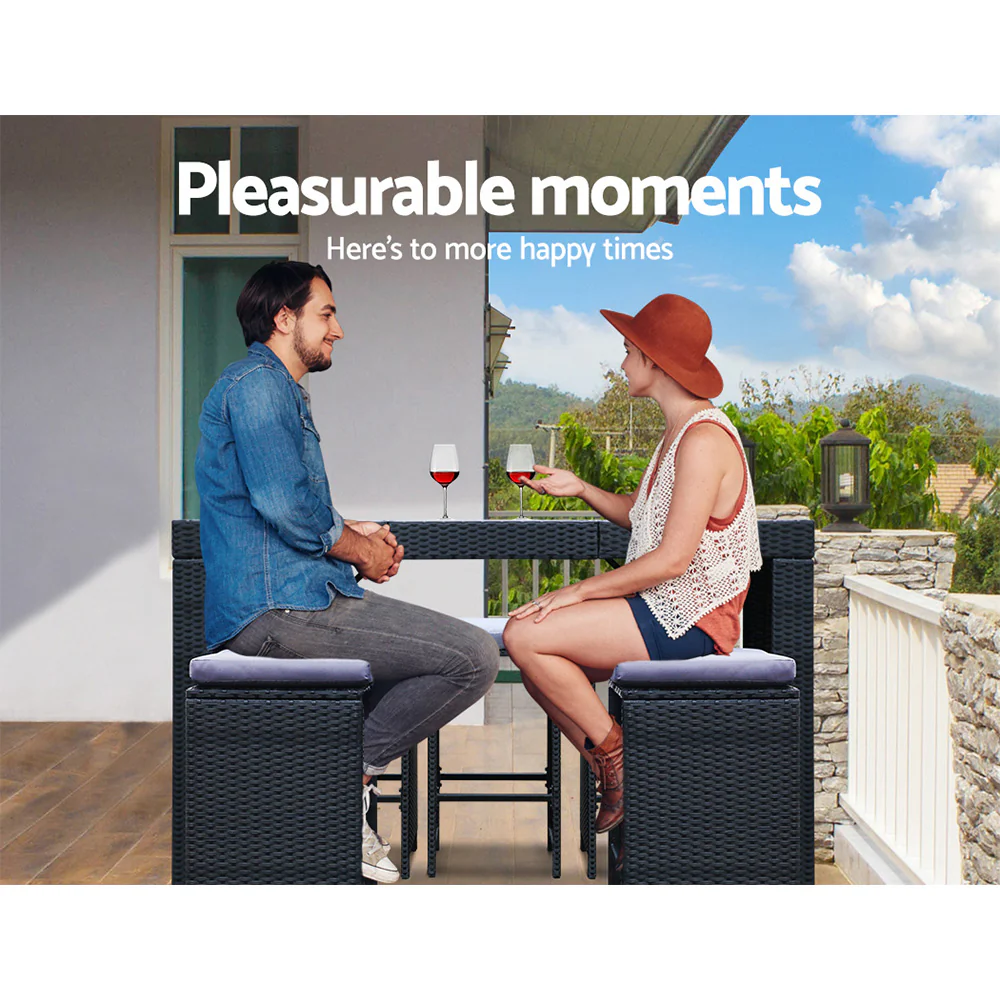 7 Piece Outdoor Wicker Bar Table & 6 Stools Set Black - Image 5