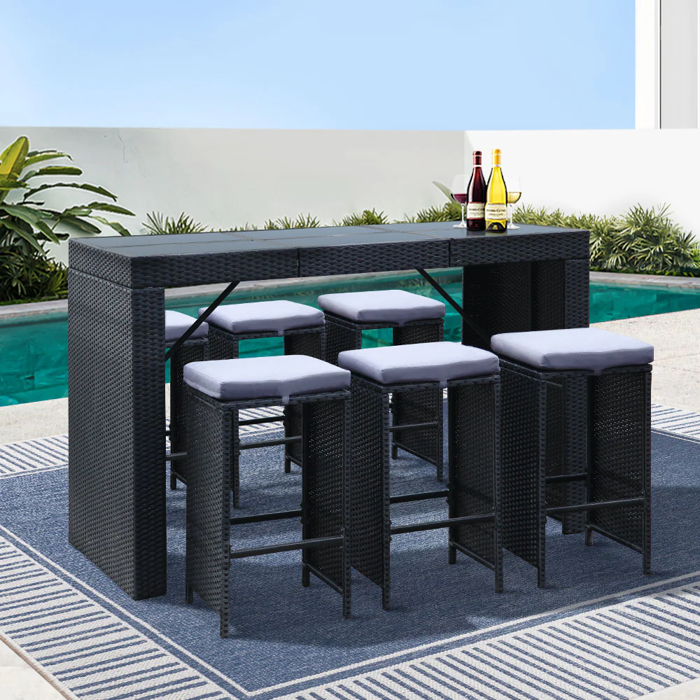 7 Piece Outdoor Wicker Bar Table & 6 Stools Set Black - Image 8