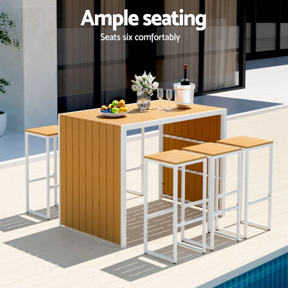 7PCS Outdoor Bar Set 6 Seaters Chairs Steel Stools Patio Bistro Table - Image 4