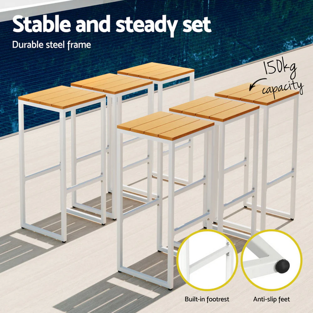 7PCS Outdoor Bar Set 6 Seaters Chairs Steel Stools Patio Bistro Table - Image 6