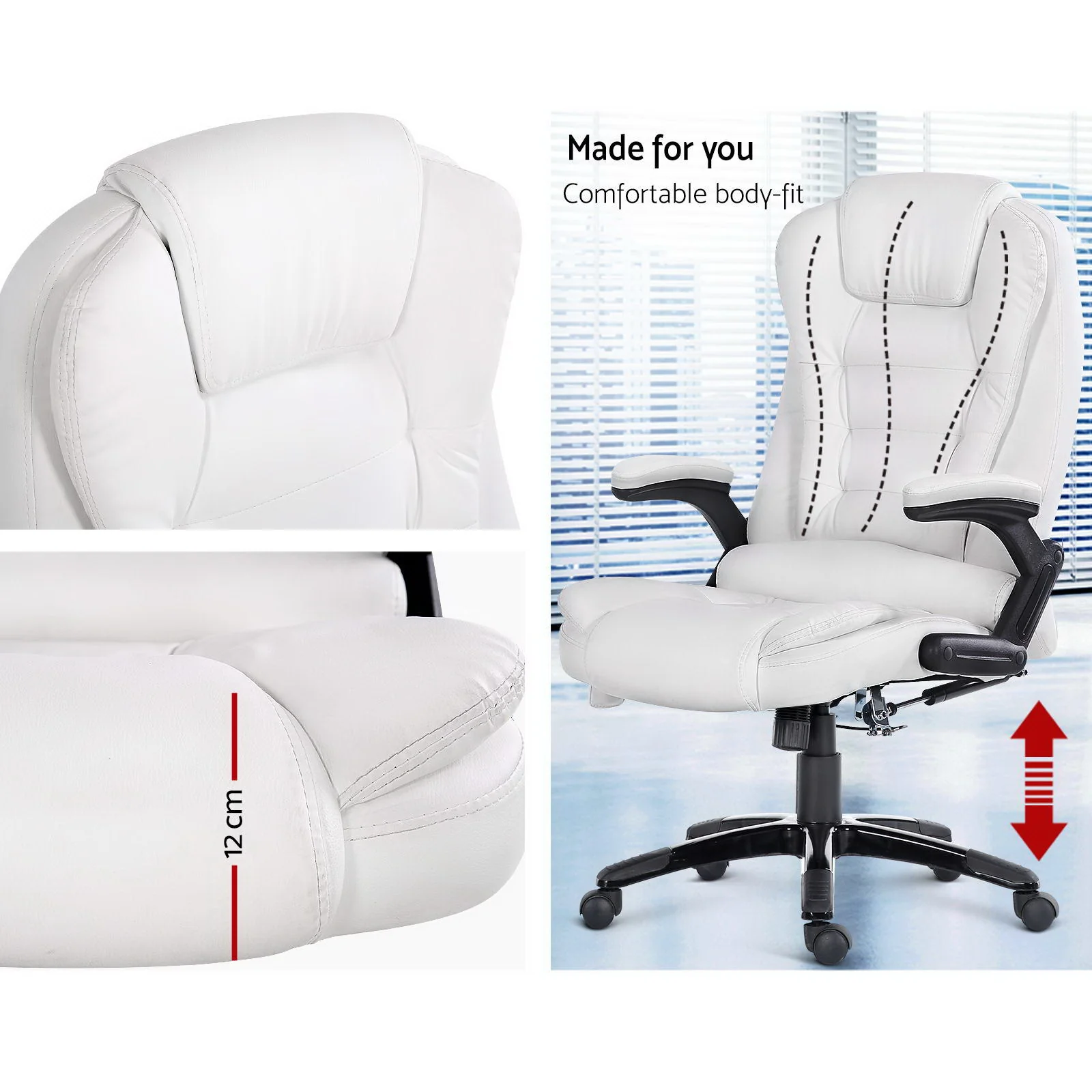 8 Point Massage Office Chair Heated Seat Recliner PU White - Image 3