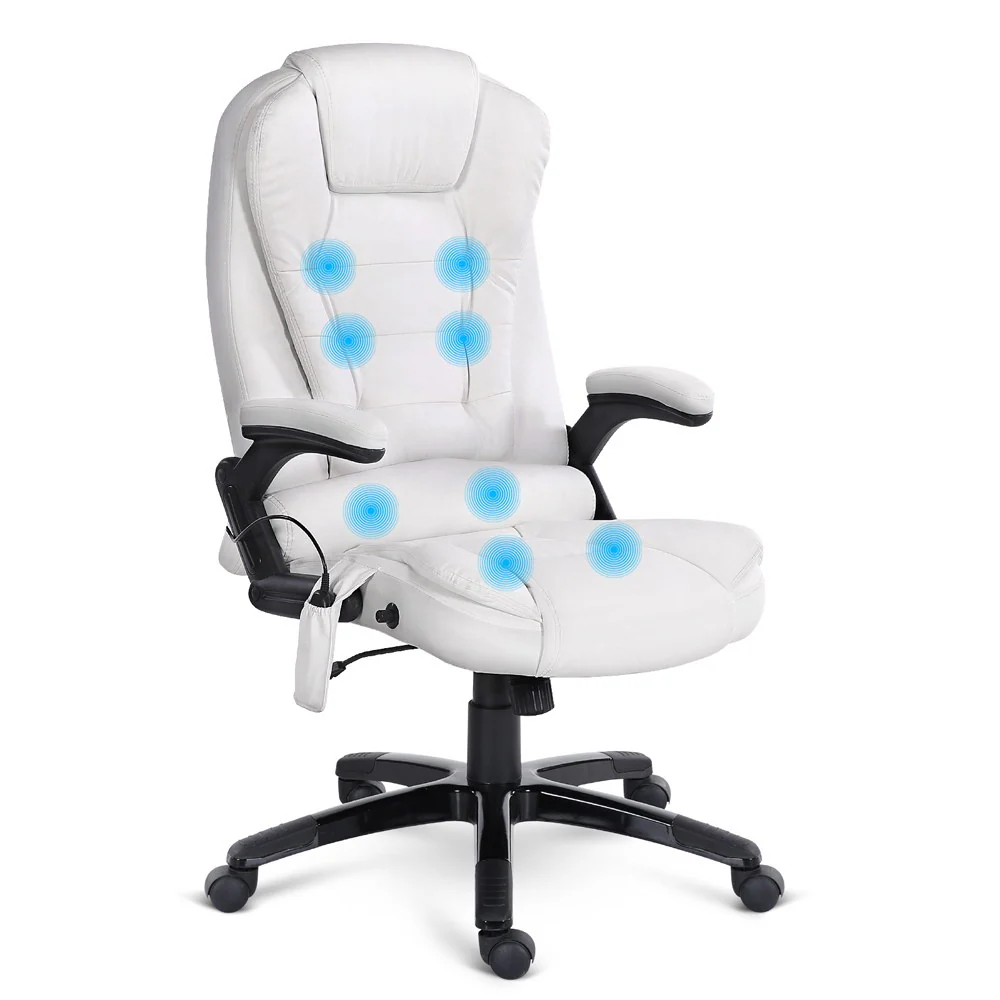 8 Point Massage Office Chair Heated Seat Recliner PU White - Image 8