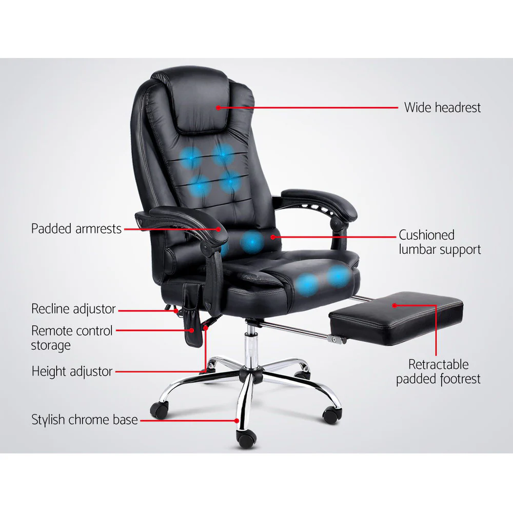 8 Point Massage Office Chair PU Leather Footrest Black - Image 3