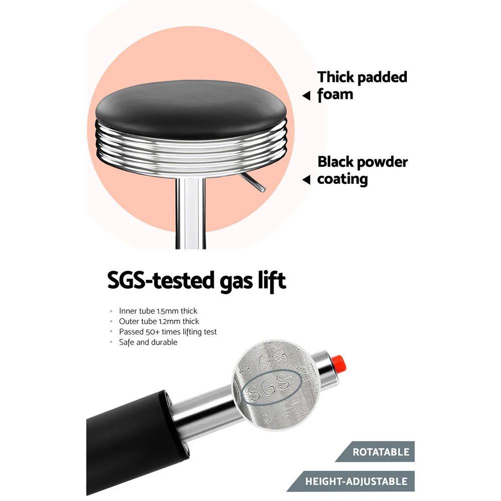 Set of 2 Backless PU Leather Bar Stools - Black and Chrome - Image 6