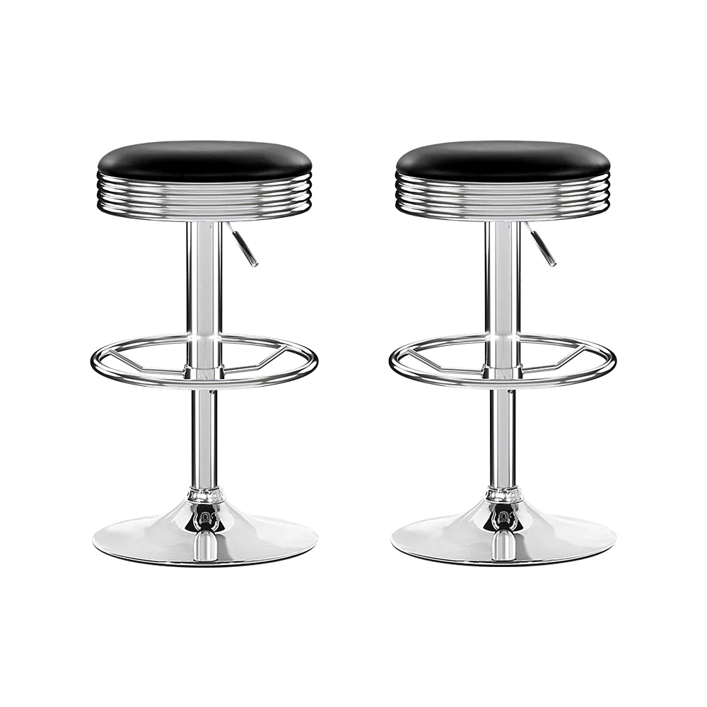 Set of 2 Backless PU Leather Bar Stools - Black and Chrome - Image 7
