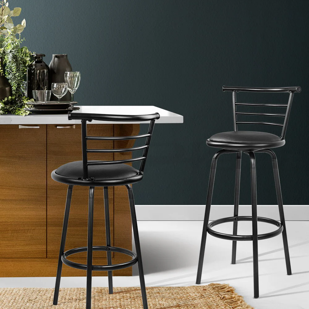 Set of 2 PU Leather Bar Stools - Black and Steel - Image 7
