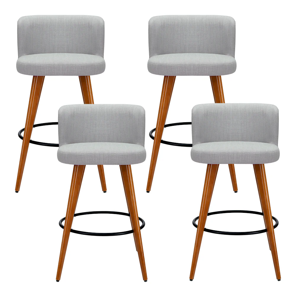 Set of 4 Wooden Fabric Bar Stools Circular Footrest - Light Grey - Image 3