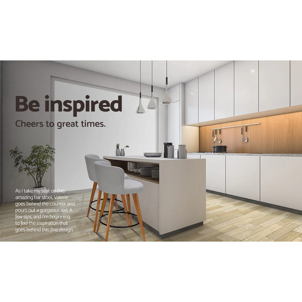 Set of 4 Wooden Fabric Bar Stools Circular Footrest - Light Grey - Image 4