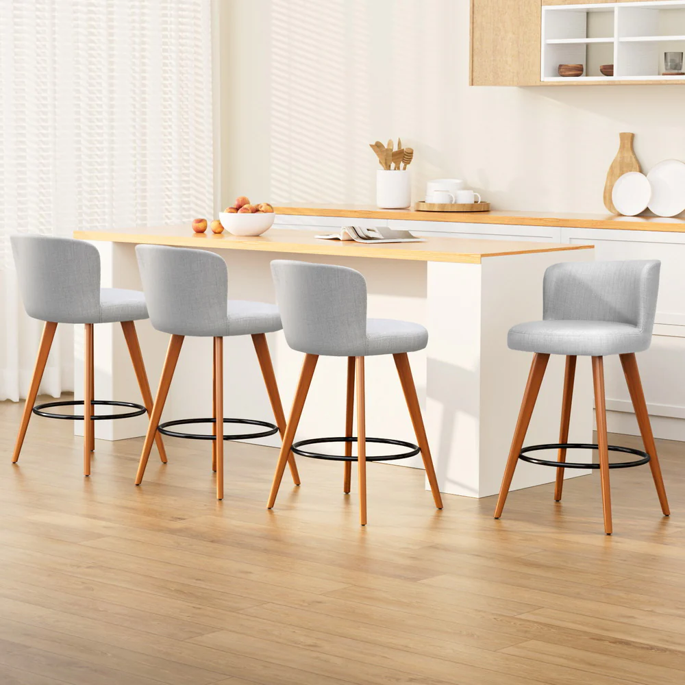 Set of 4 Wooden Fabric Bar Stools Circular Footrest - Light Grey - Image 8
