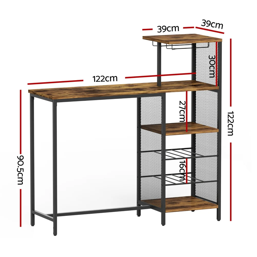 Industrial Bar Table with Wine Rack Cup Holder Multi-Level Storage 122cm Walnut - Image 3