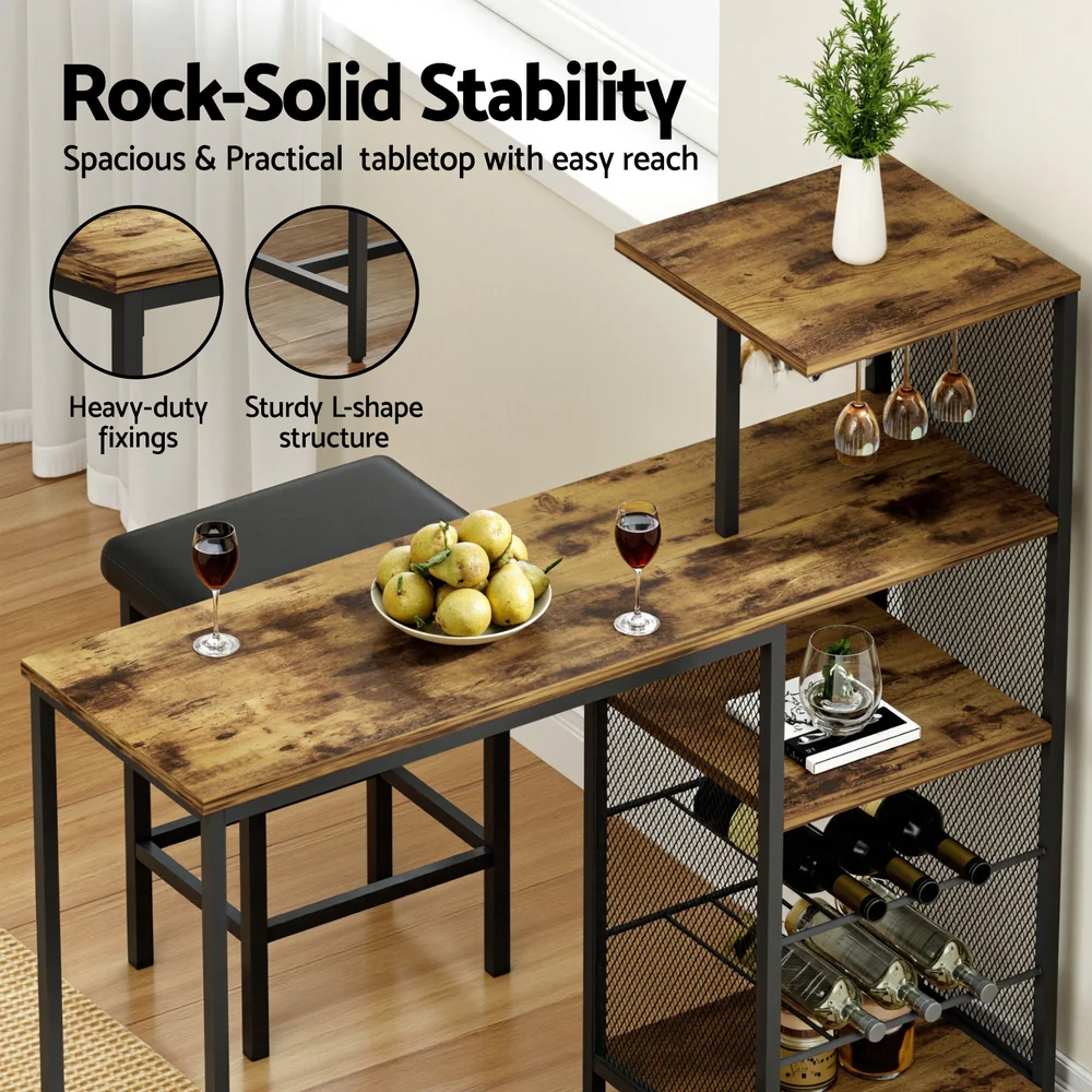 Industrial Bar Table with Wine Rack Cup Holder Multi-Level Storage 122cm Walnut - Image 5