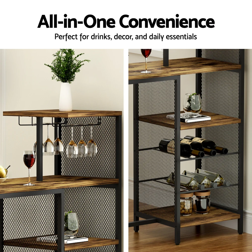 Industrial Bar Table with Wine Rack Cup Holder Multi-Level Storage 122cm Walnut - Image 6