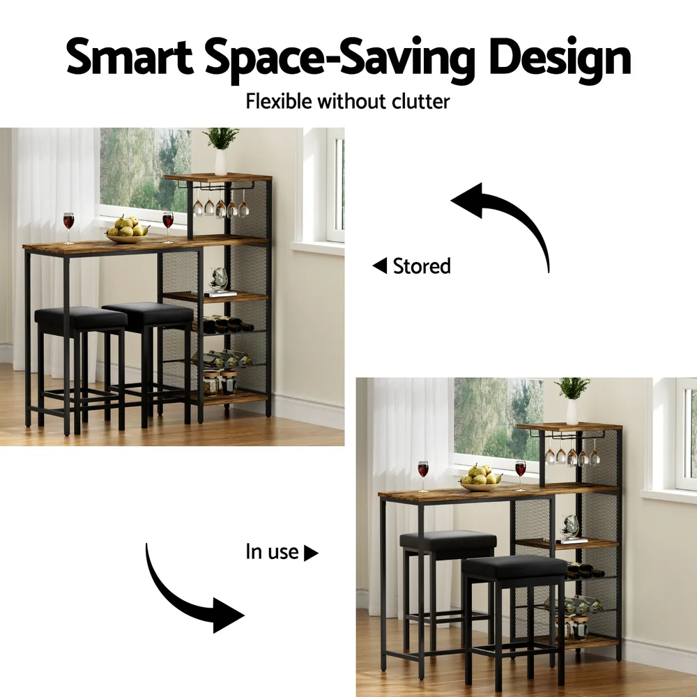 Industrial Bar Table with Wine Rack Cup Holder Multi-Level Storage 122cm Walnut - Image 7