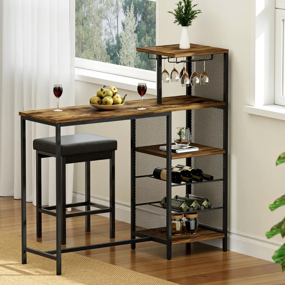 Industrial Bar Table with Wine Rack Cup Holder Multi-Level Storage 122cm Walnut - Image 8