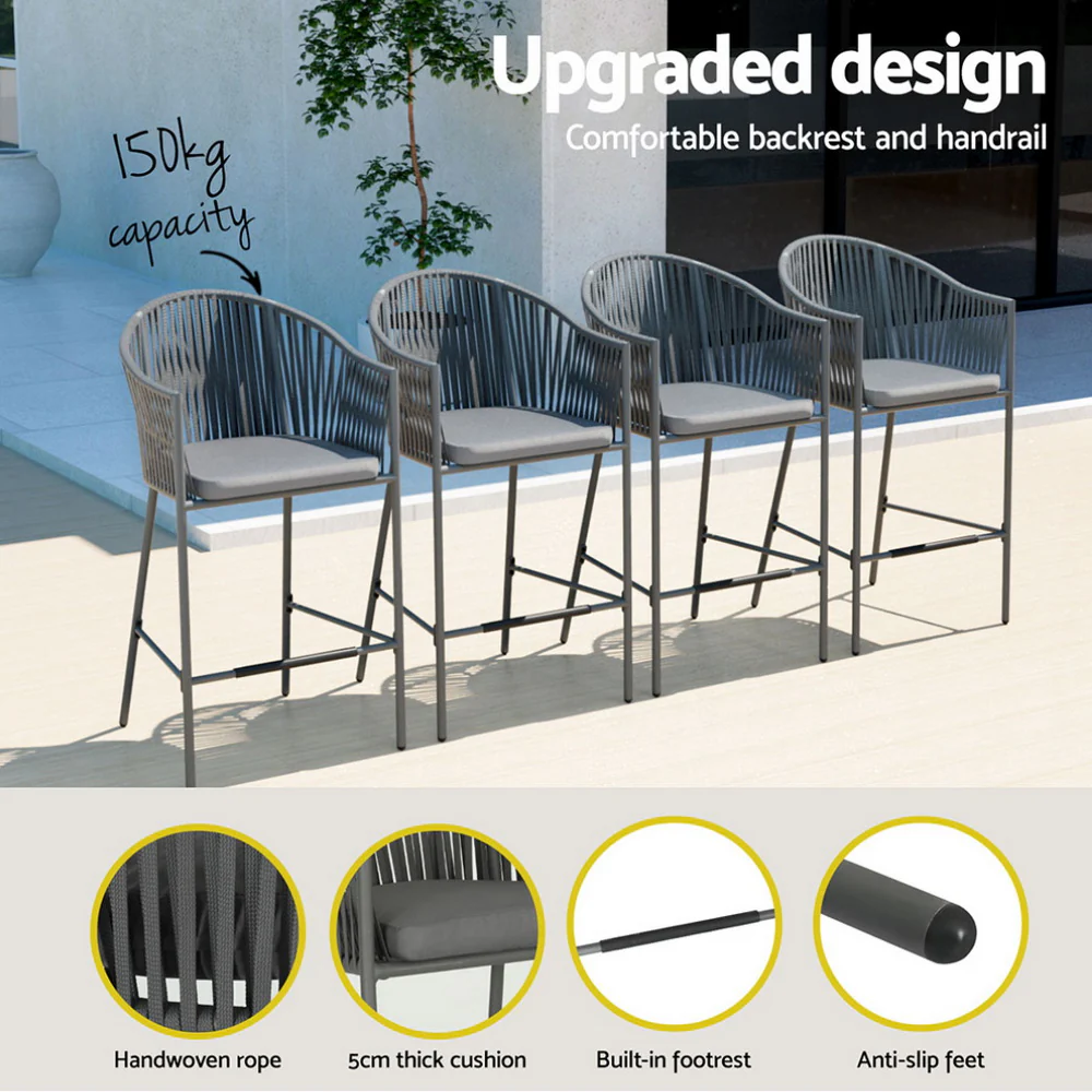 Lynora 5 Piece Outdoor Bar Setting with Handwoven Rope Design - Grey - Image 6