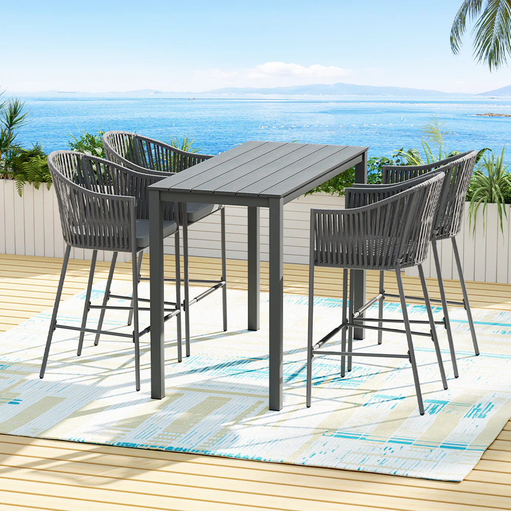 Lynora 5 Piece Outdoor Bar Setting with Handwoven Rope Design - Grey - Image 7