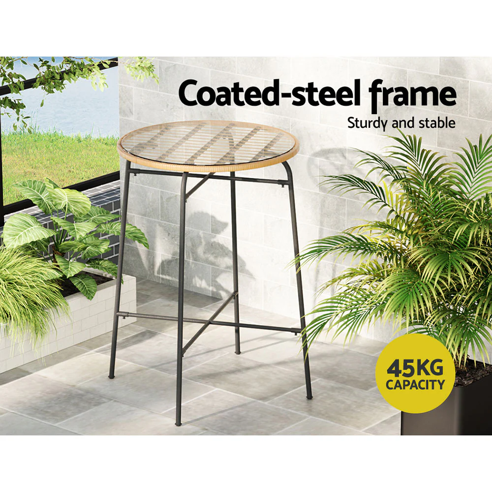 Outdoor Bar Table Wicker Dining Bistro Patio Balcony Glass Table Steel - Image 5