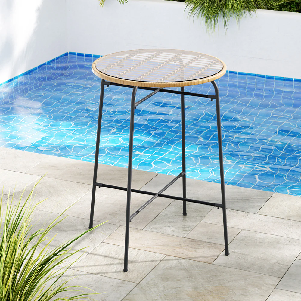 Outdoor Bar Table Wicker Dining Bistro Patio Balcony Glass Table Steel - Image 8