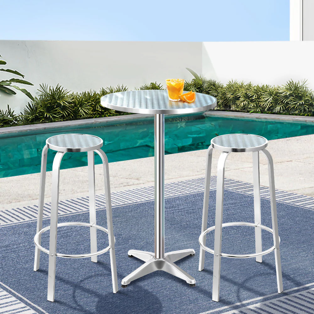 Outdoor Bistro Set Bar Table Stools Adjustable Aluminium Cafe 3PC Round - Image 7