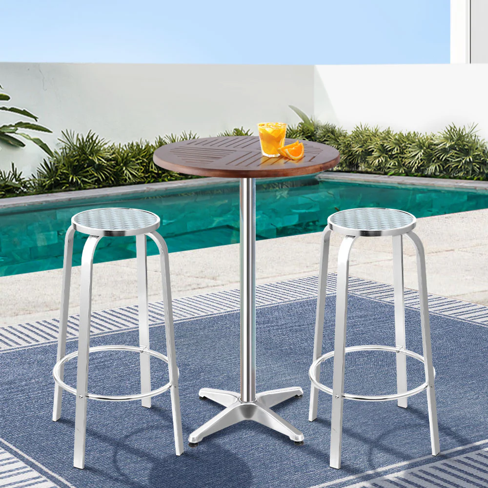 Outdoor Bistro Set Bar Table Stools Adjustable Aluminium Cafe 3PC Wood - Image 7
