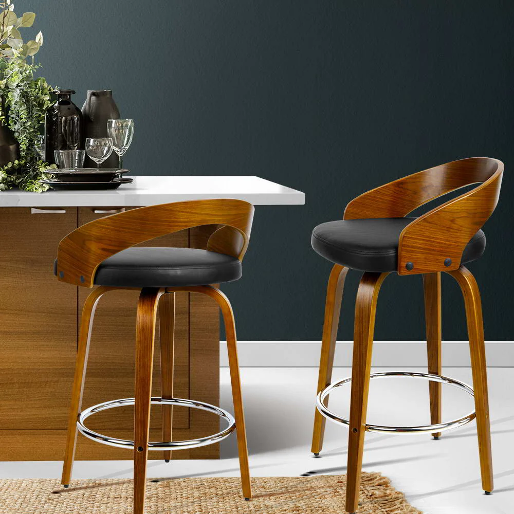 Set of 2 Bexley Walnut Wooden Bar Stools – Black - Image 7