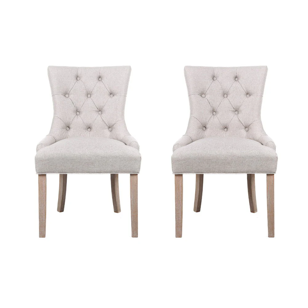 Set of 2 Dining Chair Beige CAYES French Provincial Chairs Wooden Fabric Retro Cafe - Image 3