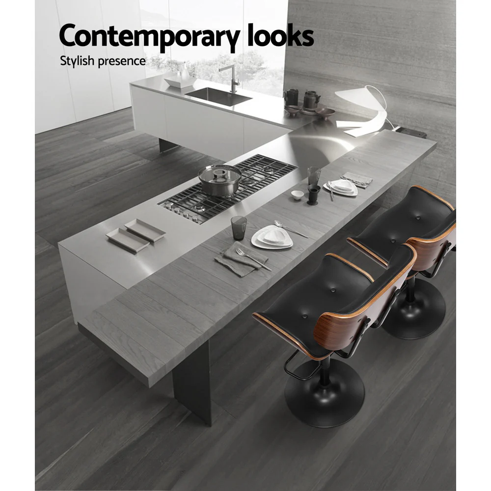 Set of 4 Harper Wood and Leather Gas Lift Bar Stools Black - Image 3