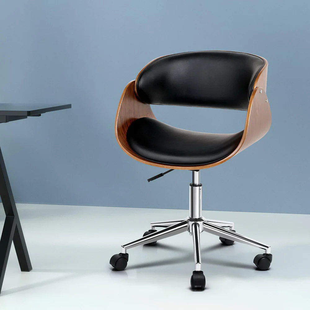 Wooden Office Chair Leather Seat Black - Image 8