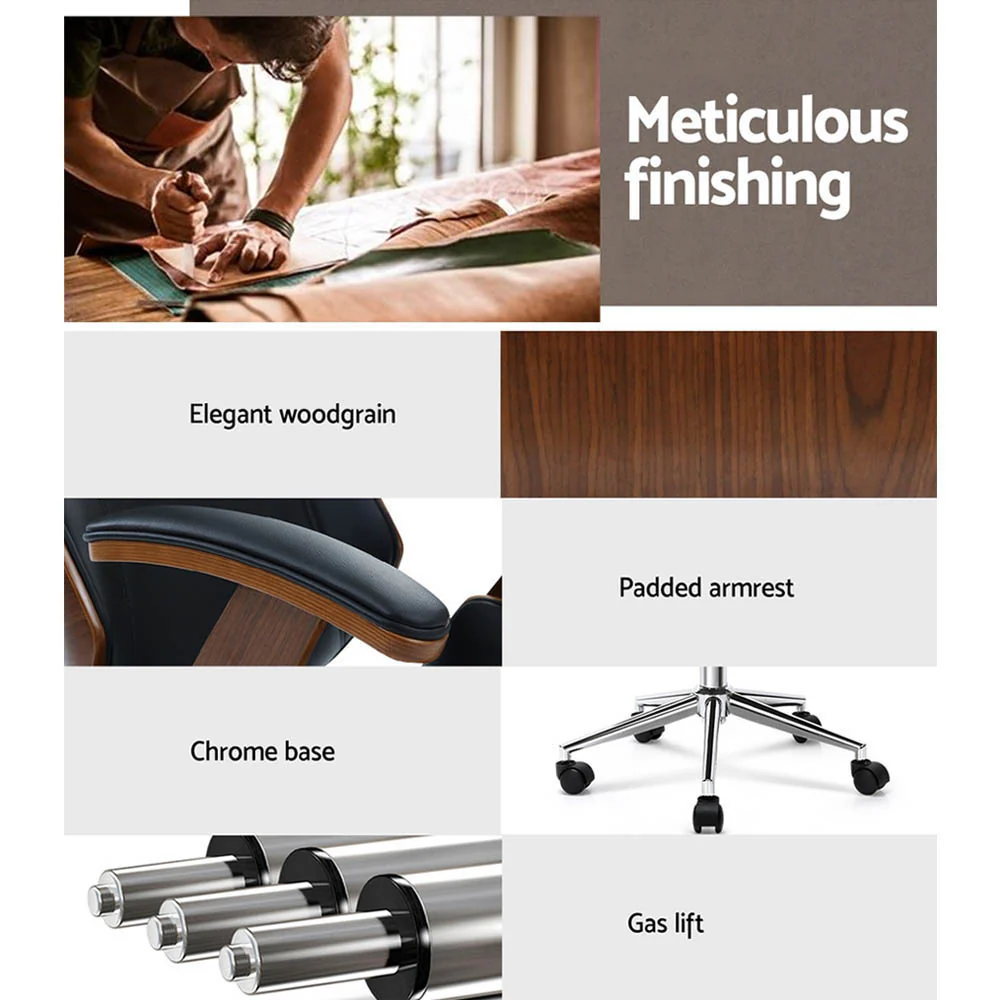 Wooden Office Chair Leather Seat Black - Image 4