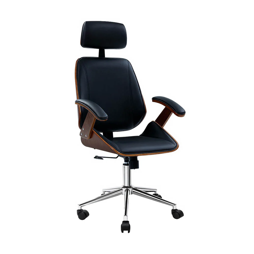 Wooden Office Chair Leather Seat Black - Image 8